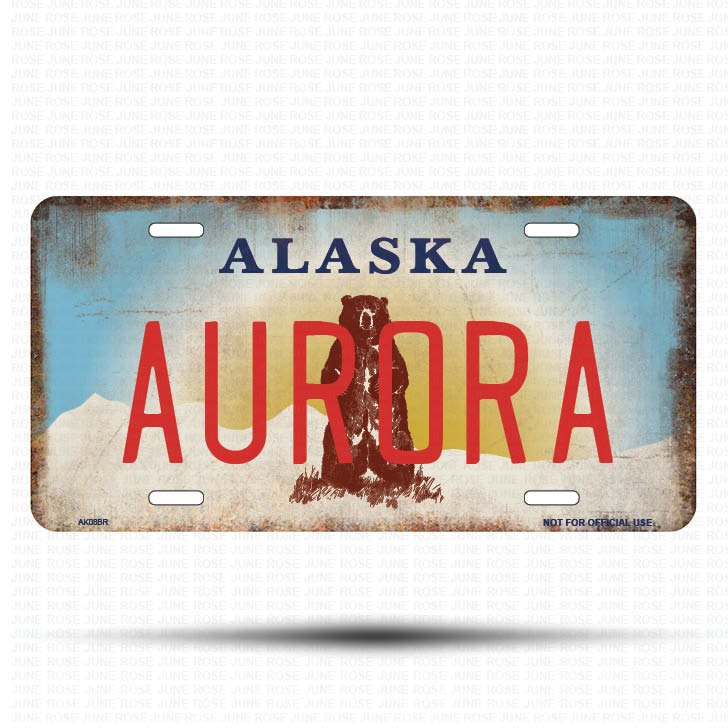 AK08B | AURORA | ALASKA | AK | Flat Aluminum License Plate | 6" x 12" | State Plate Alaska Bear Design