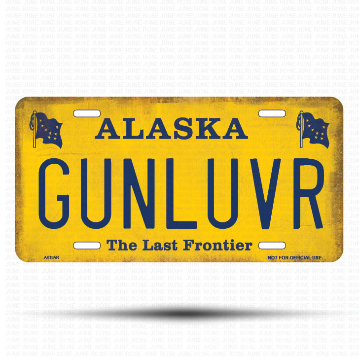 AK18A | GUNLUVR | ALASKA | AK | Flat Aluminum License Plate | 6" x 12" | State Plate Yellow Last Frontier