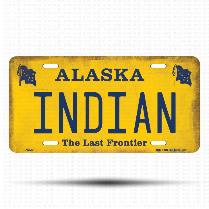AK22A | INDIAN | ALASKA | AK | Flat Aluminum License Plate | 6" x 12" | State Plate Yellow Last Frontier