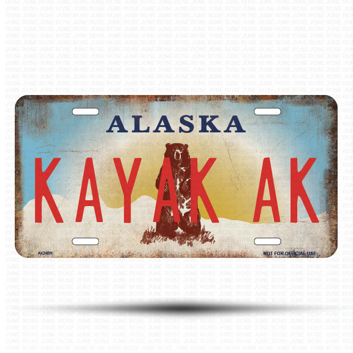 AK24B | KAYAK AK | ALASKA | AK | Flat Aluminum License Plate | 6" x 12" | State Plate Alaska Bear Design