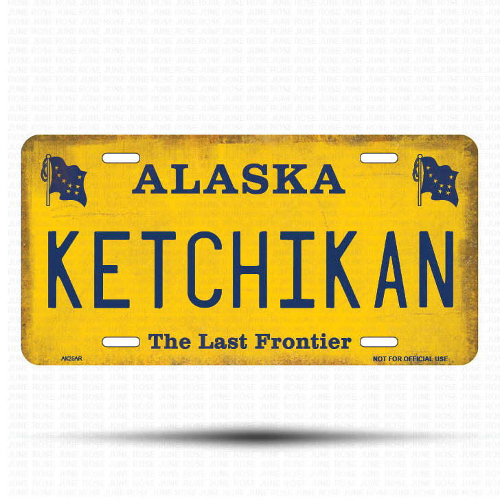 AK25A | KETCHIKAN | ALASKA | AK | Flat Aluminum License Plate | 6" x 12" | State Plate Yellow Last Frontier