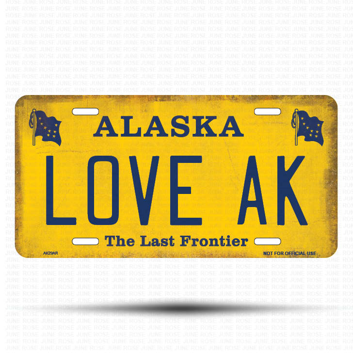 AK29A | LOVE AK | ALASKA | AK | Flat Aluminum License Plate | 6" x 12" | State Plate Yellow Last Frontier