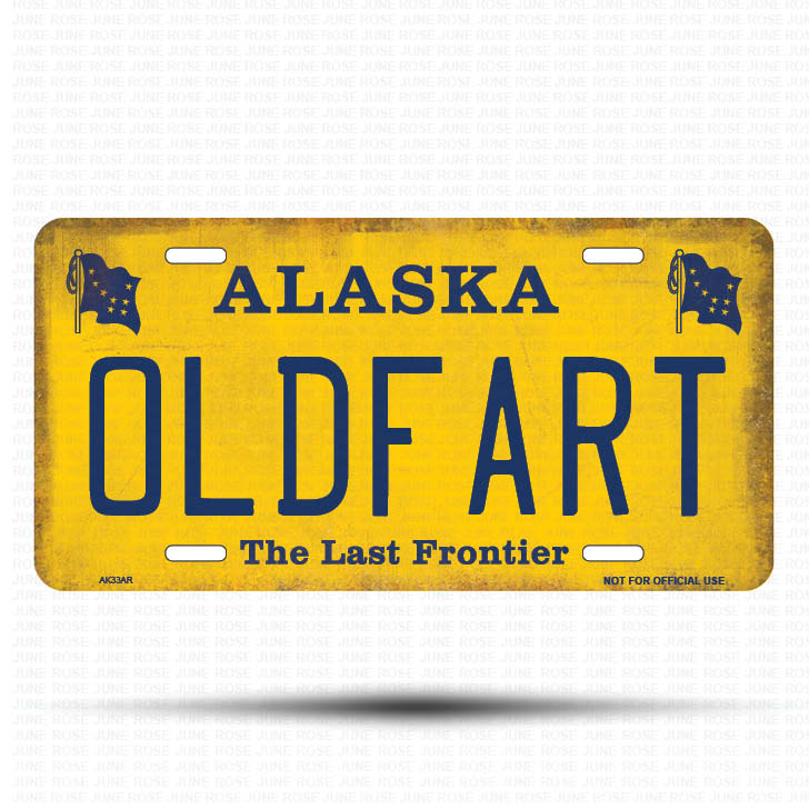 AK33A | OLDFART | ALASKA | AK | Flat Aluminum License Plate | 6" x 12" | State Plate Yellow Last Frontier