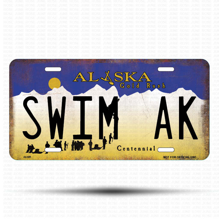 AK38 | SWIM AK | ALASKA | AK | Flat Aluminum License Plate | 6" x 12" | State Plate