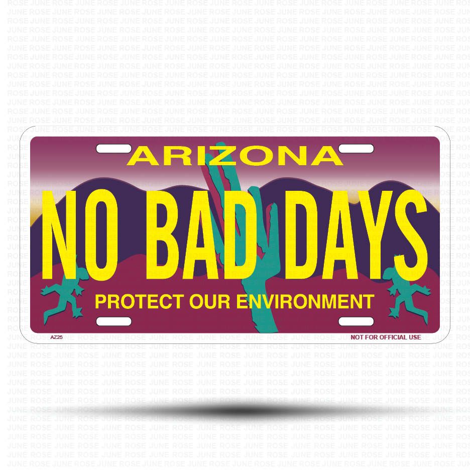 NO BAD DAYS Flat Aluminum License Plate | 6" x 12" | State Plate Front View Name Plate"Arizona Protect Our Environment