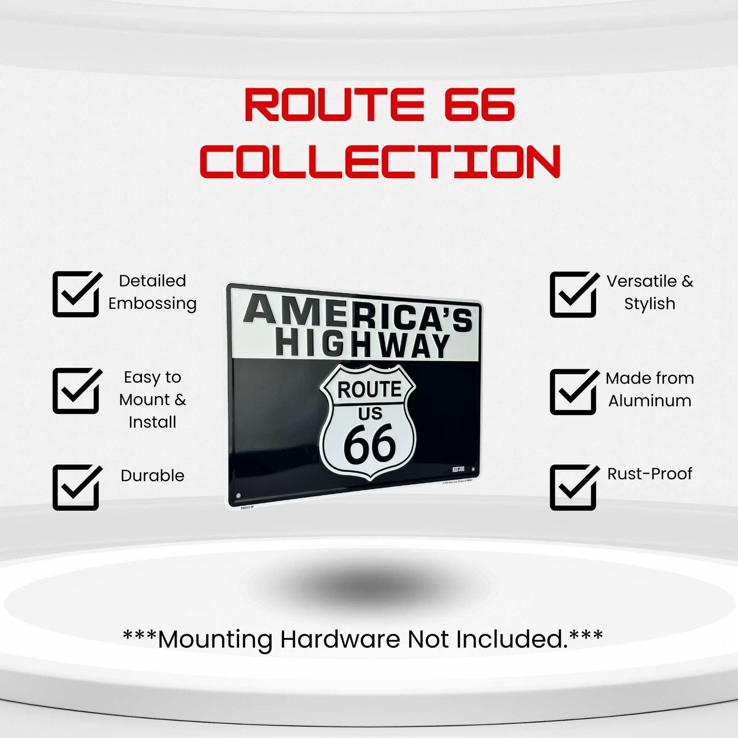 Route 66 collection sign with features listed on a white background
