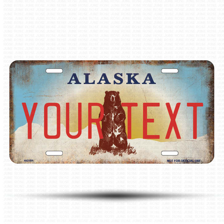 AK01B | YOUR TEXT | ALASKA | AK | Flat Aluminum License Plate | 6" x 12" | State Plate Alaska Bear Design