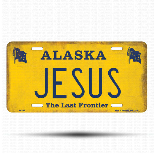 AK02A | JESUS | ALASKA | AK | Flat Aluminum License Plate | 6" x 12" | State Plate Yellow Last Frontier