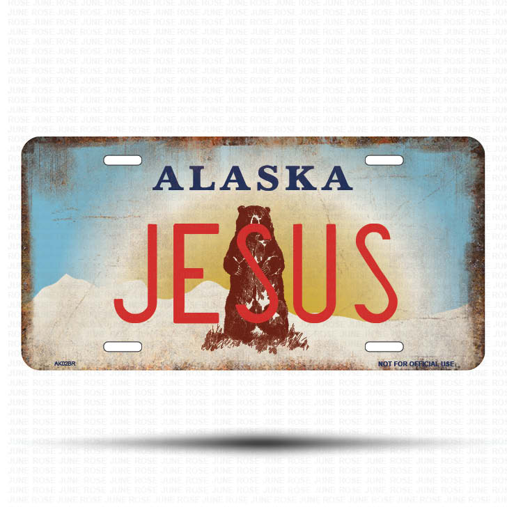 AK02B | JESUS | ALASKA | AK | Flat Aluminum License Plate | 6" x 12" | State Plate Alaska Bear Design
