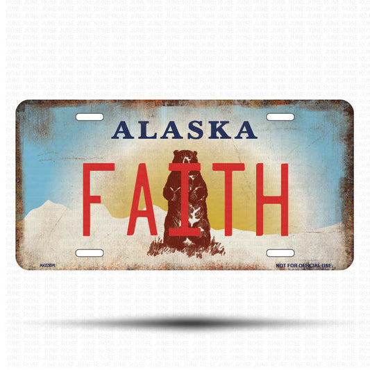 AK03B | FAITH | ALASKA | AK | Flat Aluminum License Plate | 6" x 12" | State Plate Alaska Bear Design