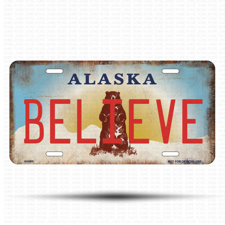 AK04B | BELIEVE | ALASKA | AK | Flat Aluminum License Plate | 6" x 12" | State Plate Alaska Bear Design