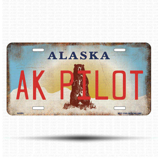 AK05B | AK PILOT | ALASKA | AK | Flat Aluminum License Plate | 6" x 12" | State Plate Alaska Bear Design