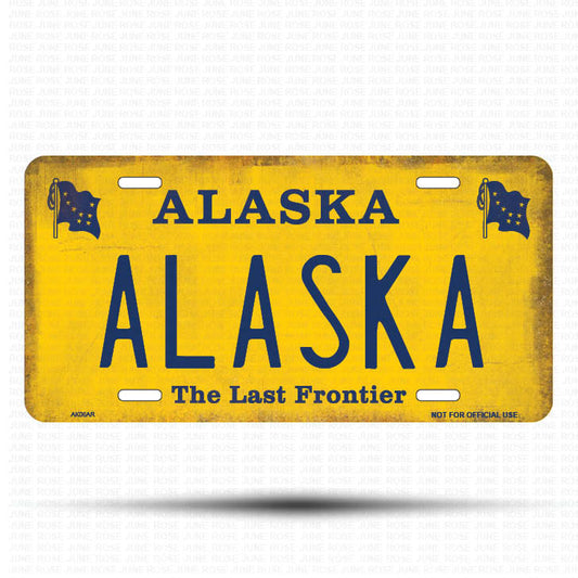 AK06A | ALASKA | ALASKA | AK | Flat Aluminum License Plate | 6" x 12" | State Plate Yellow Last Frontier