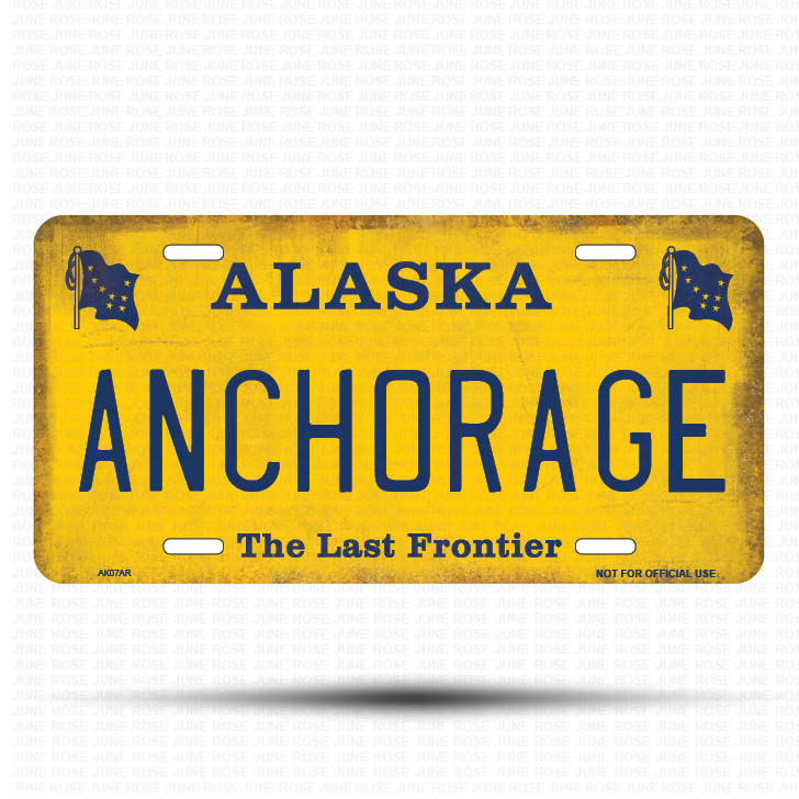 AK07A | ANCHORAGE | ALASKA | AK | Flat Aluminum License Plate | 6" x 12" | State Plate Yellow Last Frontier