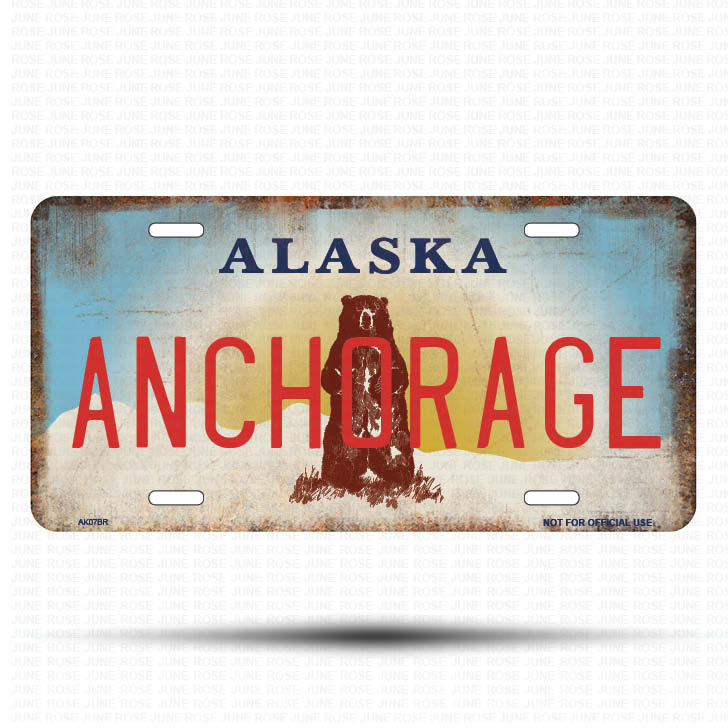 AK07B | ANCHORAGE | ALASKA | AK | Flat Aluminum License Plate | 6" x 12" | State Plate Alaska Bear Design