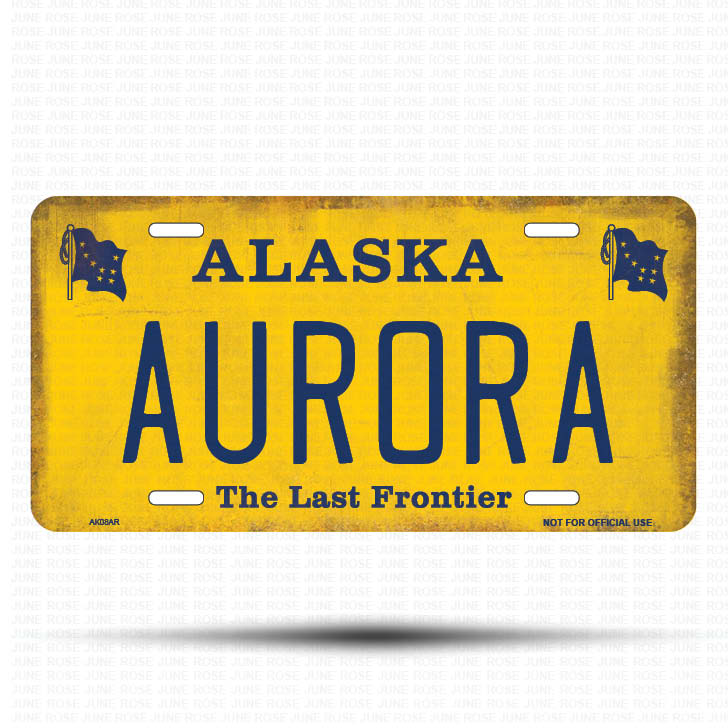 AK08A | AURORA | ALASKA | AK | Flat Aluminum License Plate | 6" x 12" | State Plate Yellow Last Frontier