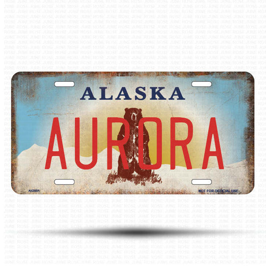 AK08B | AURORA | ALASKA | AK | Flat Aluminum License Plate | 6" x 12" | State Plate Alaska Bear Design