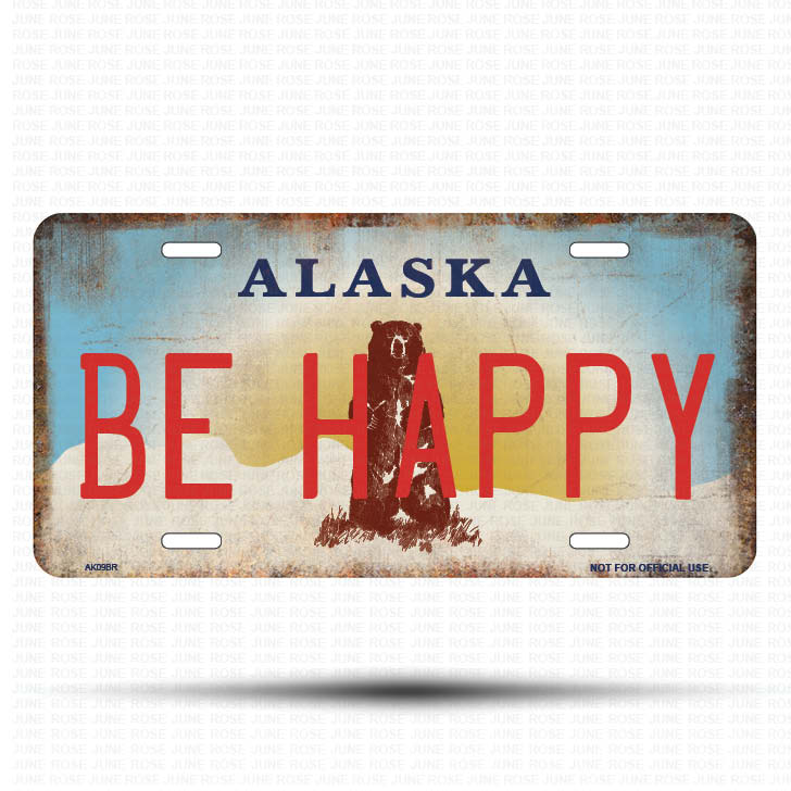 AK09B | BE HAPPY | ALASKA | AK | Flat Aluminum License Plate | 6" x 12" | State Plate Alaska Bear Design