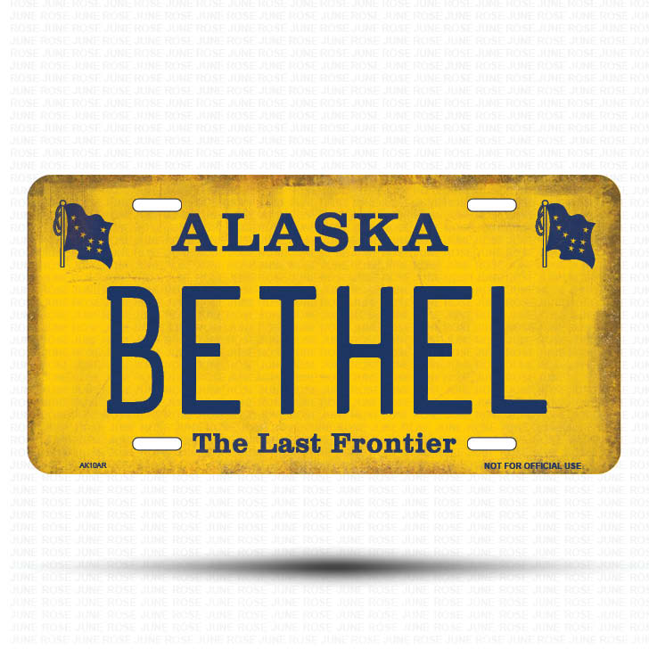 AK10A | BETHEL | ALASKA | AK | Flat Aluminum License Plate | 6" x 12" | State Plate Yellow Last Frontier