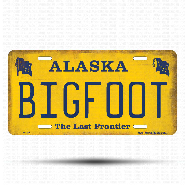 AK11A | BIGFOOT | ALASKA | AK | Flat Aluminum License Plate | 6" x 12" | State Plate Yellow Last Frontier