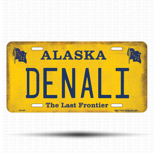 AK13A | DENALI | ALASKA | AK | Flat Aluminum License Plate | 6" x 12" | State Plate Yellow Last Frontier