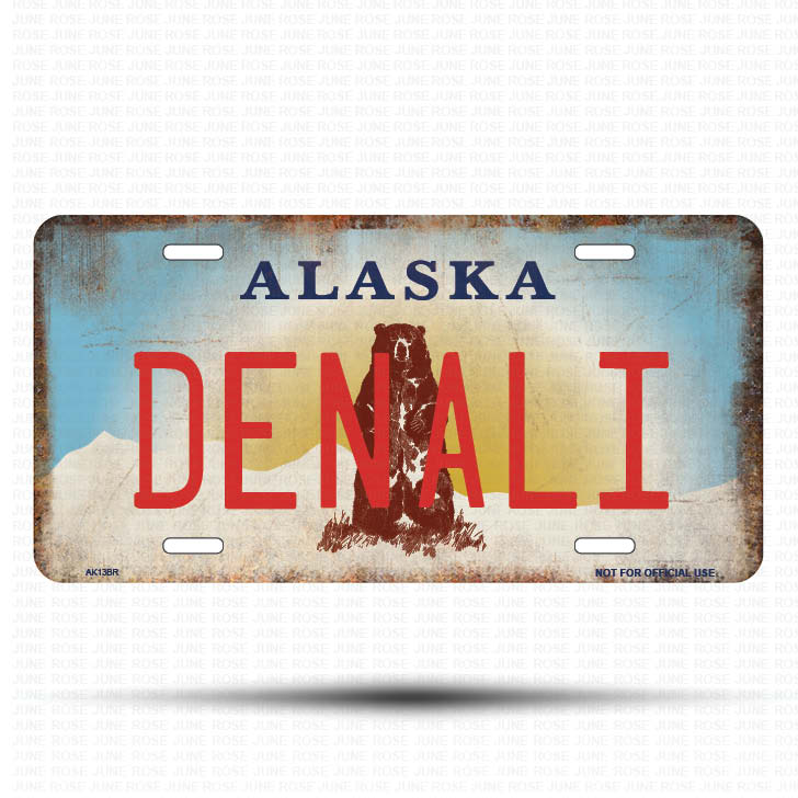 AK13B | DENALI | ALASKA | AK | Flat Aluminum License Plate | 6" x 12" | State Plate Alaska Bear Design