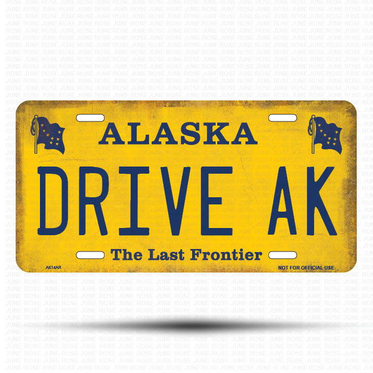 AK14A | DRIVE AK | ALASKA | AK | Flat Aluminum License Plate | 6" x 12" | State Plate Yellow Last Frontier