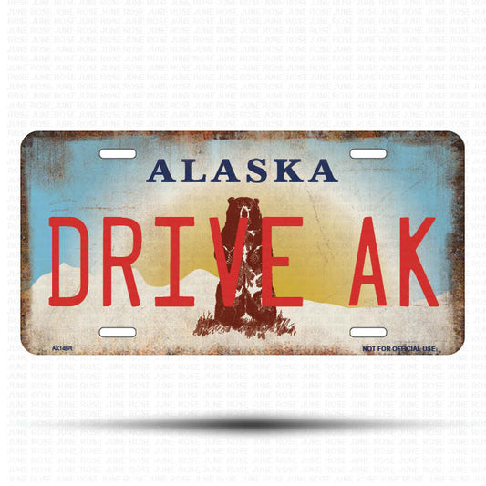 AK14B | DRIVE AK | ALASKA | AK | Flat Aluminum License Plate | 6" x 12" | State Plate Alaska Bear Design