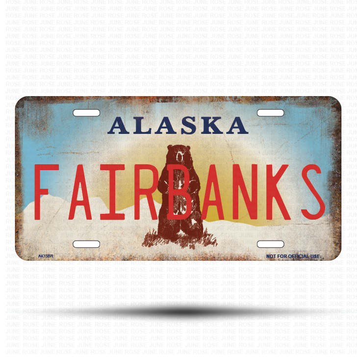 AK15B | FAIRBANKS | ALASKA | AK | Flat Aluminum License Plate | 6" x 12" | State Plate Alaska Bear Design