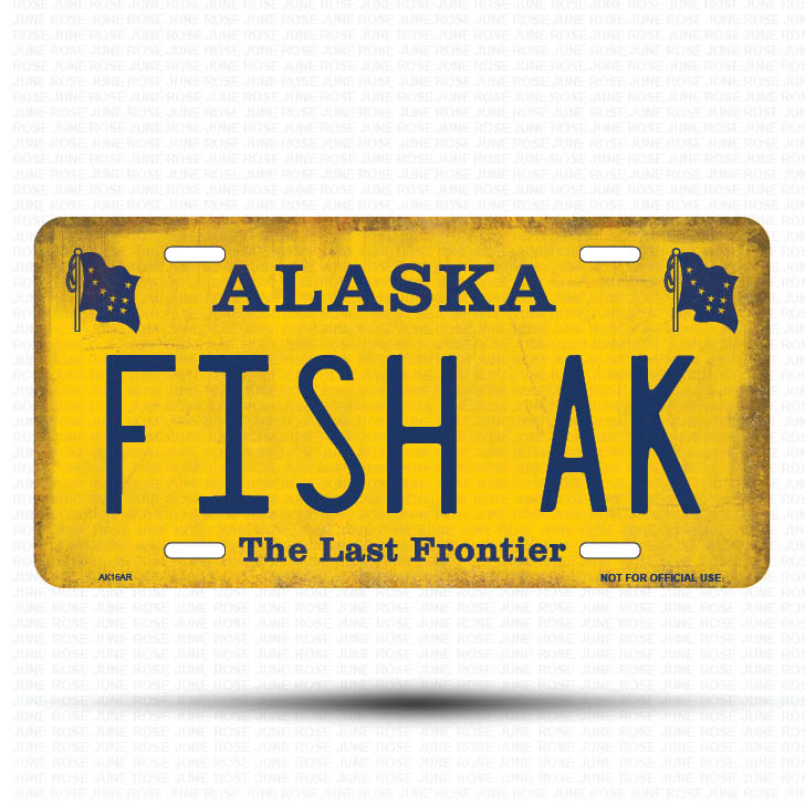 AK16A | FISH AK | ALASKA | AK | Flat Aluminum License Plate | 6" x 12" | State Plate Yellow Last Frontier