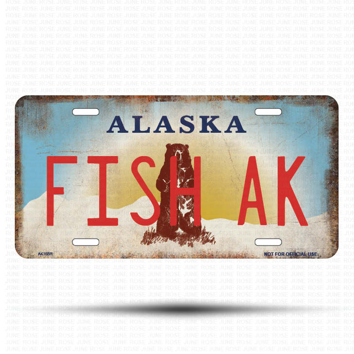 AK16B | FISH AK | ALASKA | AK | Flat Aluminum License Plate | 6" x 12" | State Plate Alaska Bear Design