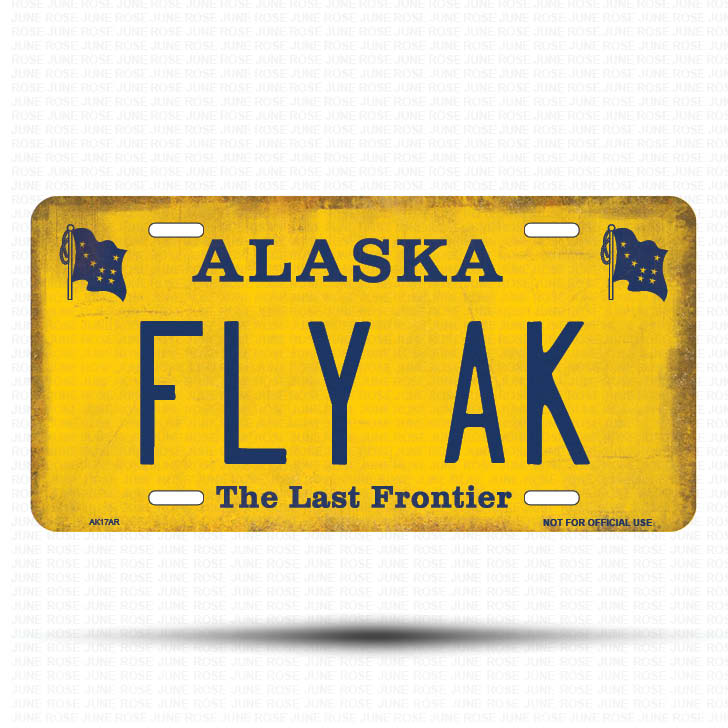 AK17A | FLY AK | ALASKA | AK | Flat Aluminum License Plate | 6" x 12" | State Plate Yellow Last Frontier