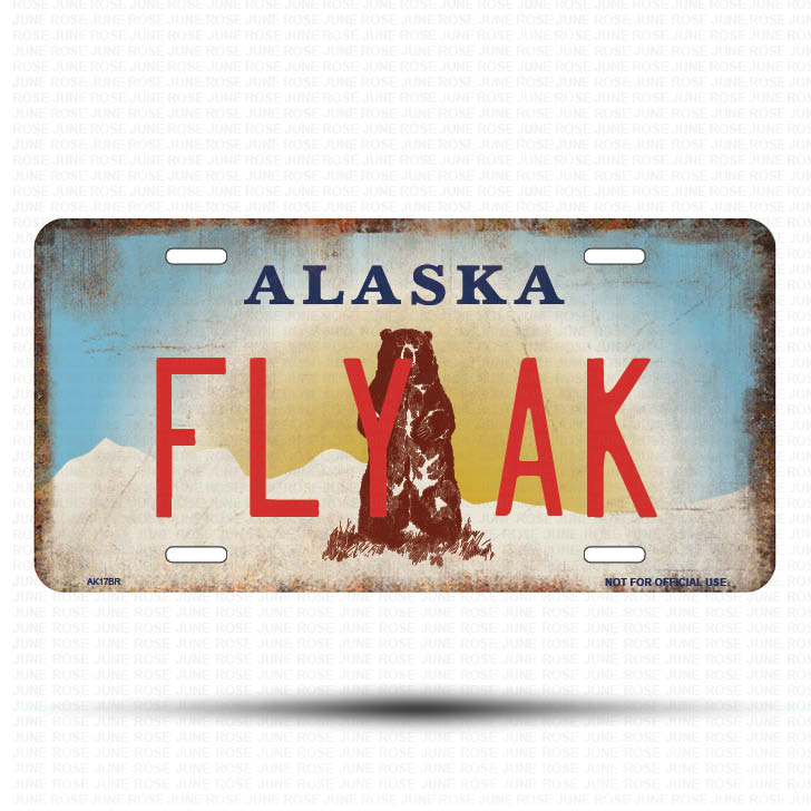 AK17B | FLY AK | ALASKA | AK | Flat Aluminum License Plate | 6" x 12" | State Plate Alaska Bear Design