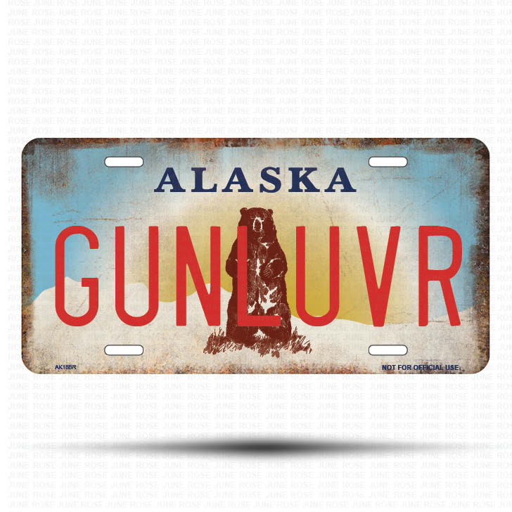 AK18B | GUNLUVR | ALASKA | AK | Flat Aluminum License Plate | 6" x 12" | State Plate Alaska Bear Design