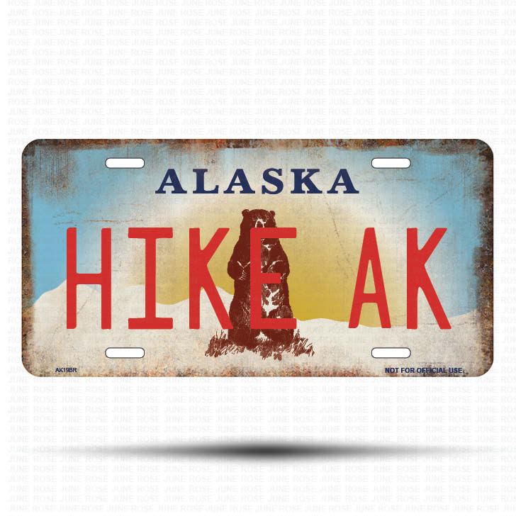 AK19B | HIKE AK | ALASKA | AK | Flat Aluminum License Plate | 6" x 12" | State Plate Alaska Bear Design