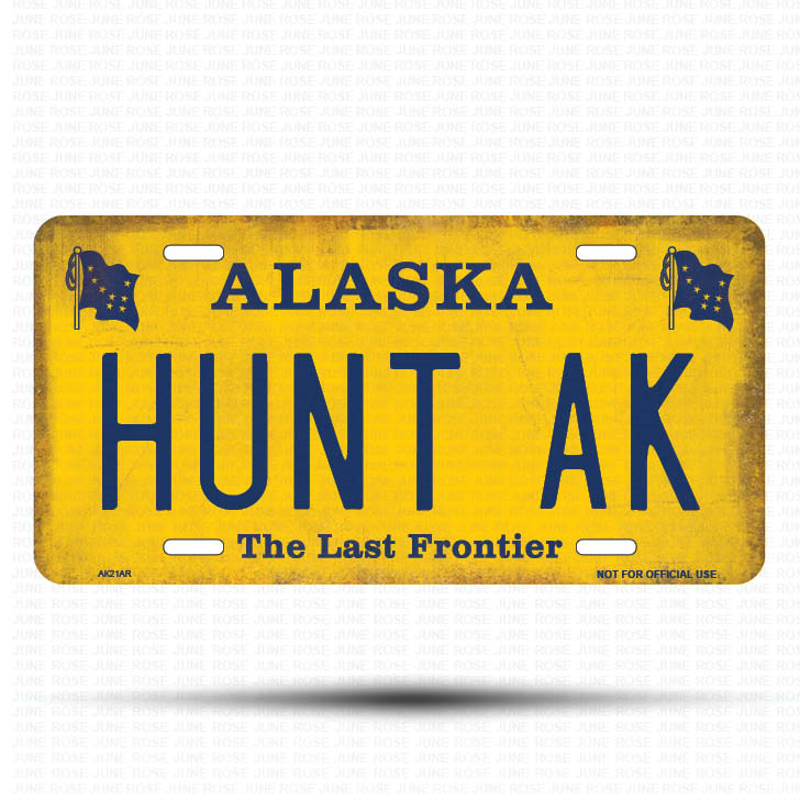 AK21A | HUNT AK | ALASKA | AK | Flat Aluminum License Plate | 6" x 12" | State Plate Yellow Last Frontier