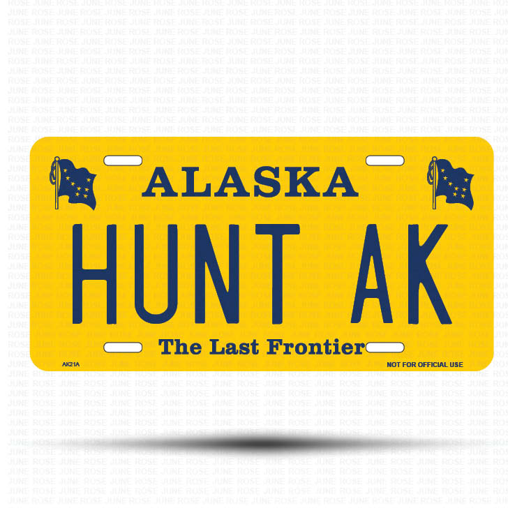 HUNT AK Flat Aluminum License Plate | 6" x 12" | State Plate Front View Name Plate