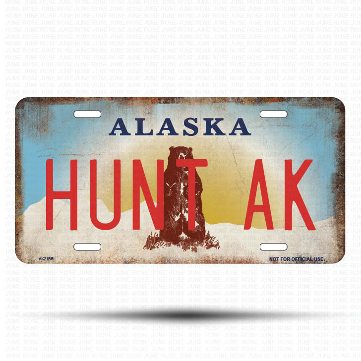 AK21B | HUNT AK | ALASKA | AK | Flat Aluminum License Plate | 6" x 12" | State Plate Alaska Bear Design
