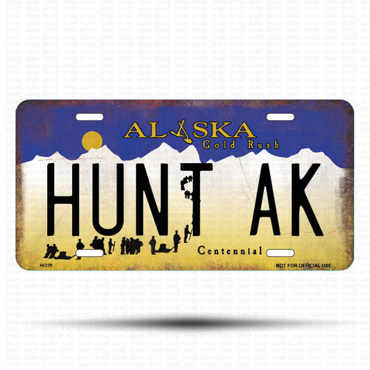 AK21 | HUNT AK | ALASKA | AK | Flat Aluminum License Plate | 6" x 12" | State Plate