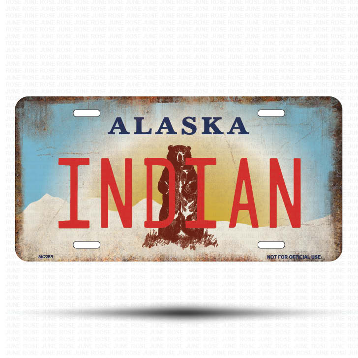 AK22B | INDIAN | ALASKA | AK | Flat Aluminum License Plate | 6" x 12" | State Plate Alaska Bear Design