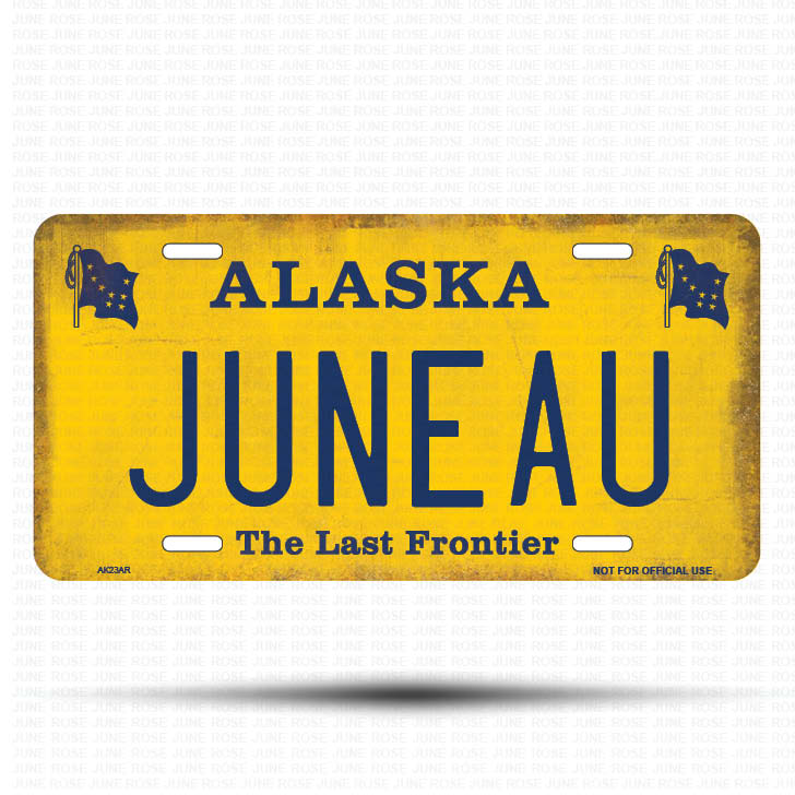 AK23A | JUNEAU | ALASKA | AK | Flat Aluminum License Plate | 6" x 12" | State Plate Yellow Last Frontier