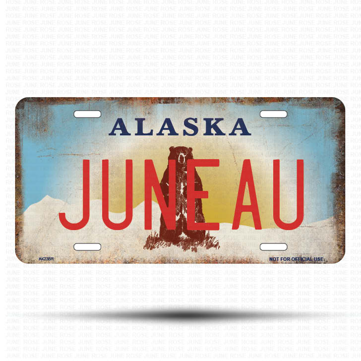 AK23B | JUNEAU | ALASKA | AK | Flat Aluminum License Plate | 6" x 12" | State Plate Alaska Bear Design