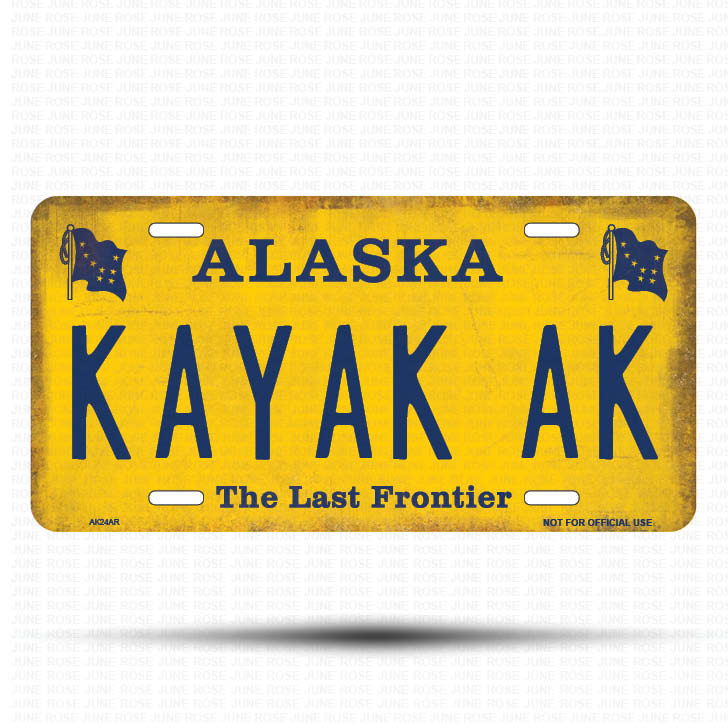 AK24A | KAYAK AK | ALASKA | AK | Flat Aluminum License Plate | 6" x 12" | State Plate Yellow Last Frontier