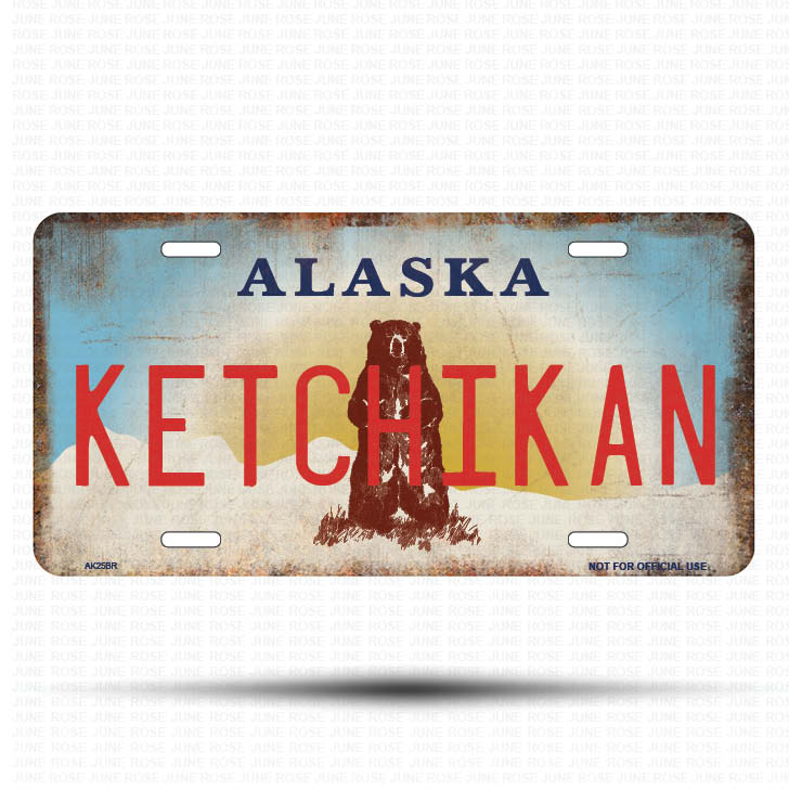 AK25B | KETCHIKAN | ALASKA | AK | Flat Aluminum License Plate | 6" x 12" | State Plate Alaska Bear Design
