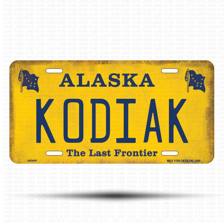 AK26A | KODIAK | ALASKA | AK | Flat Aluminum License Plate | 6" x 12" | State Plate Yellow Last Frontier