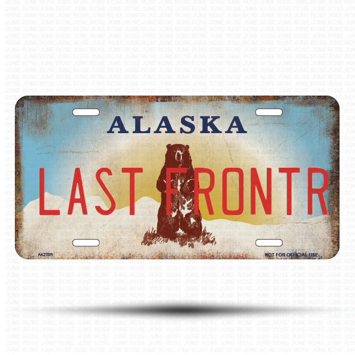 AK27B | LAST FRONTR | ALASKA | AK | Flat Aluminum License Plate | 6" x 12" | State Plate Alaska Bear Design