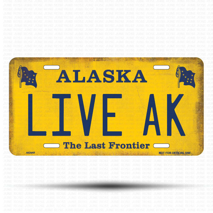 AK28A | LIVE AK | ALASKA | AK | Flat Aluminum License Plate | 6" x 12" | State Plate Yellow Last Frontier