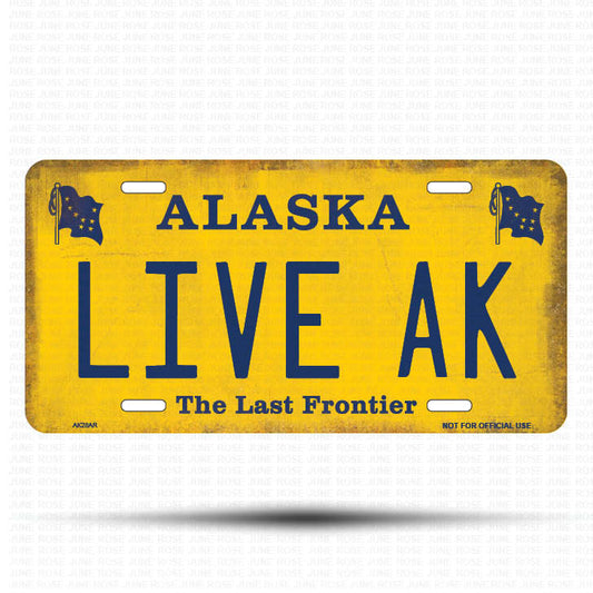 AK28A | LIVE AK | ALASKA | AK | Flat Aluminum License Plate | 6" x 12" | State Plate Yellow Last Frontier