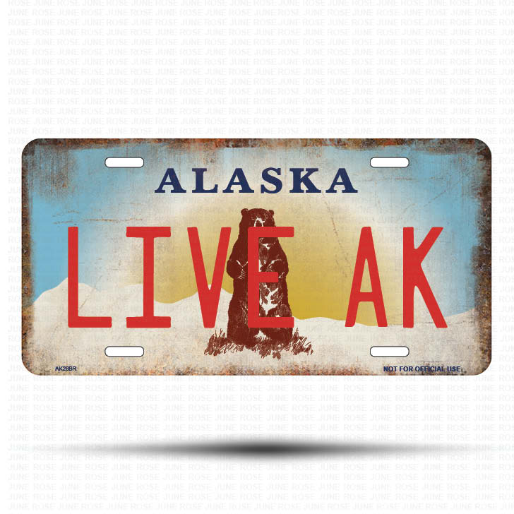 AK28B | LIVE AK | ALASKA | AK | Flat Aluminum License Plate | 6" x 12" | State Plate Alaska Bear Design