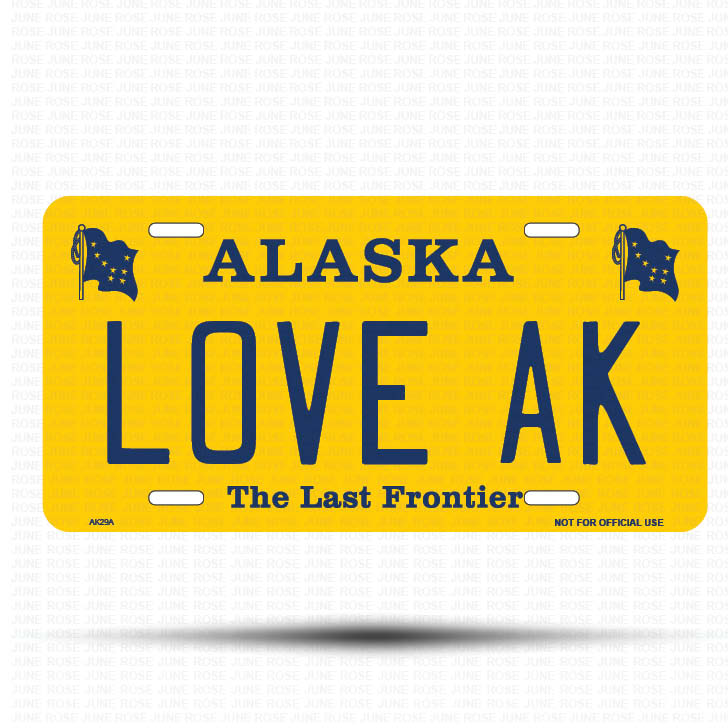 LOVE AK Flat Aluminum License Plate | 6" x 12" | State Plate Front View Name Plate